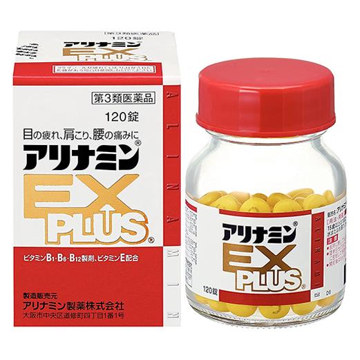 「アリナミン製薬 アリナミンEXプラス 120錠」は、吸収にすぐれたビタミンB1誘導体 フルスルチアミン、ビタミンB6、ビタミンB12を配合し、「目の疲れ」「肩こり」「腰の痛み」などのつらい症状にすぐ