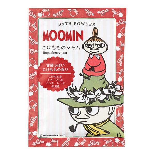 「ムーミン バスパウダー こけもものジャム 35g」は、使い切りタイプで白濁するミルキーな入浴剤です。ミルキーレッドの湯色。甘酸っぱいこけももの香り。 ■商品コード：ggp-135824 ■JANコー
