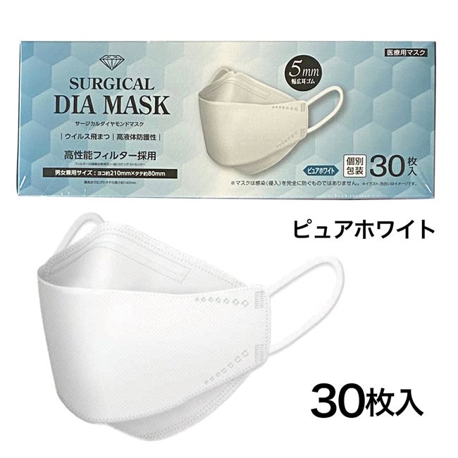 「サージカルダイヤモンドマスク ピュアホワイト 30枚」は、ダイヤモンド立体構造で口元とマスクの接触による不快感やメイク崩れを軽減します。隙間を軽減するVカットデザイン+フィット感を高めるため、5mm