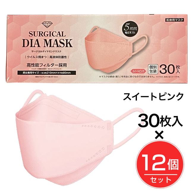 「サージカルダイヤモンドマスク スイートピンク 30枚」は、ダイヤモンド立体構造で口元とマスクの接触による不快感やメイク崩れを軽減します。隙間を軽減するVカットデザイン+フィット感を高めるため、5mm