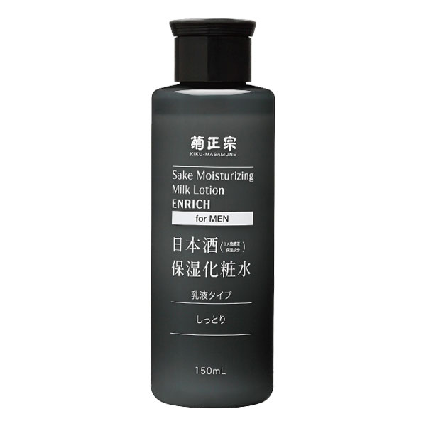 「菊正宗 日本酒保湿化粧水 しっとり 男性用 150ml」は、純米吟醸酒(コメ発酵液)と酒粕エキスを保湿成分として配合した乳液タイプの男性用しっとり化粧水です。肌にうるおいを与え、乾燥を防ぎながら、肌