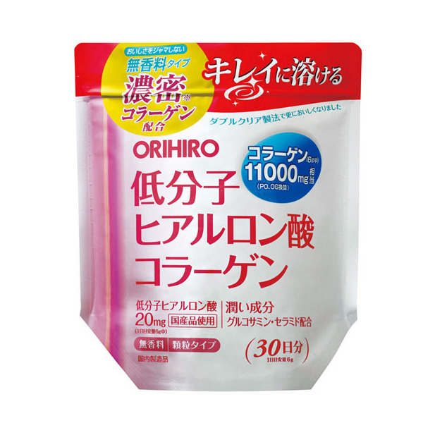 「低分子ヒアルロン酸コラーゲン袋 180g」は、コラーゲンを中心に、潤い成分のグルコサミンとセラミドを配合した食品です。無香料タイプですので、飲み物や食べ物の味を邪魔することがありません。ダブルクリア