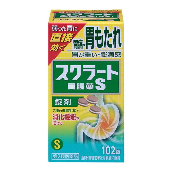 「スクラート胃腸薬S（錠剤） 102錠」は、弱って荒れた胃粘膜を直接修復するスクラルファートと、7種の健胃生薬配合した錠剤タイプの胃腸薬です。胃痛、胃もたれ、胃が重い症状に優れた効果を発揮します。有効