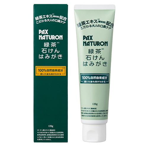 「パックスナチュロン 緑茶石けんはみがき 120g」は、石油由来原料・合成界面活性剤・鉱物油・合成ポリマー・水酸化アルミニウム・合成防腐剤・合成香料・合成着色料・プロピレングリコール・サッカリンは全て